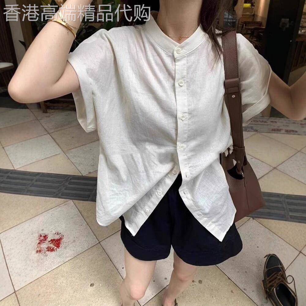 日系设计感立领短袖衬衫女夏季薄款高级感宽松法式衬衣松弛感上衣