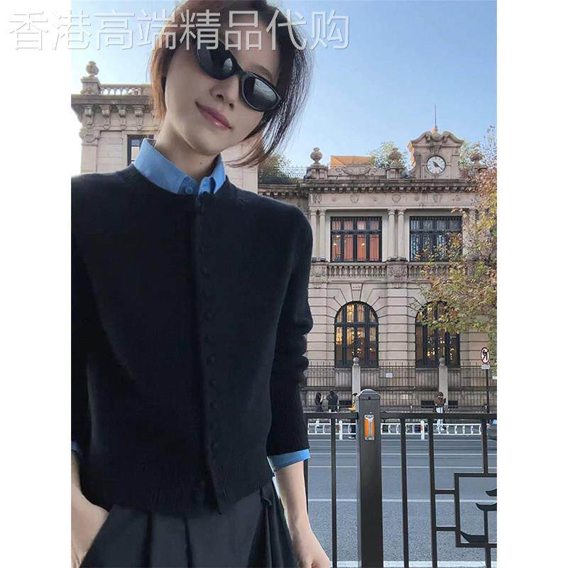 黑色假两件针织开衫女士春秋欧货法式修身收腰显瘦高级感毛衣上衣