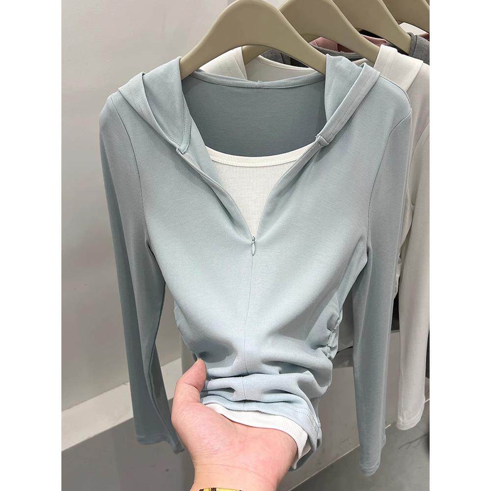 2025春秋新款假两件长袖t恤女高级感小众拼接撞色设计感褶皱帽衫