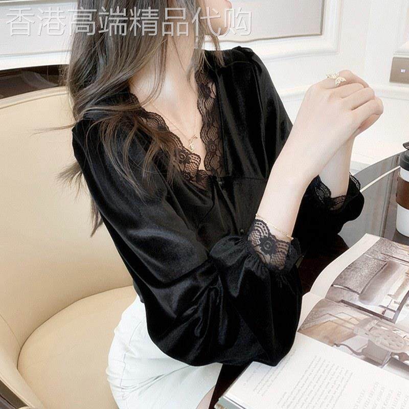 金丝绒打底衫女士2025春秋新款复古洋派V领上衣蕾丝拼接长袖衬衫