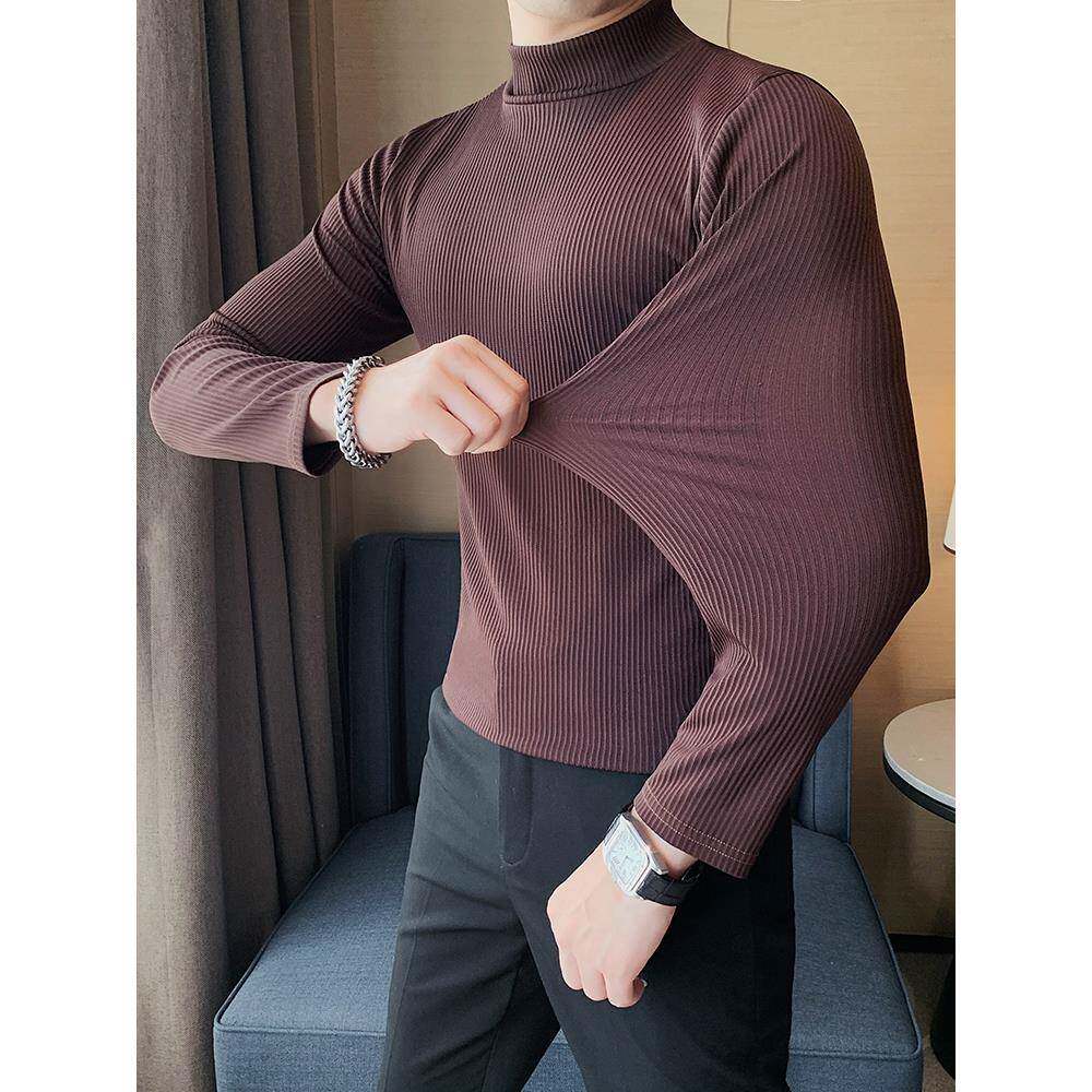 半高领男士长袖t恤春秋季2022新款高级感弹力修身内搭中领打底衫