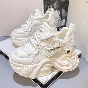 欧洲站白色8cm内增高老爹鞋女2025秋冬新款小个子厚底运动鞋加绒