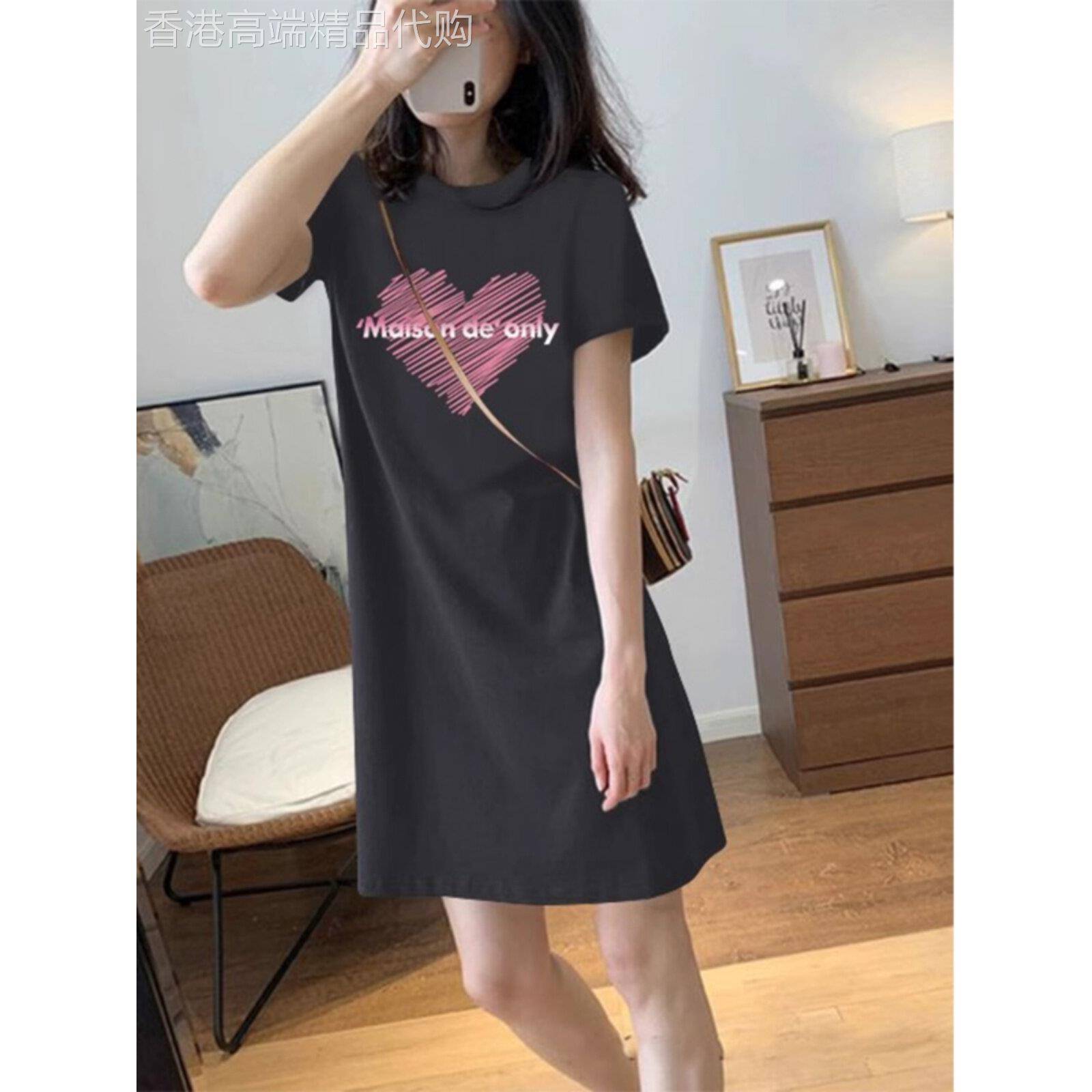 黑色圆领T恤裙女2025夏季新款高腰宽松显瘦印花中长款短袖连衣裙