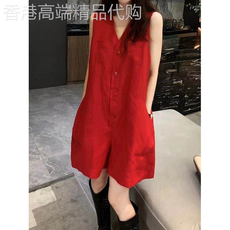 法式复古红色V领连体裤女夏新款韩系休闲时尚无袖宽松阔腿连体裤