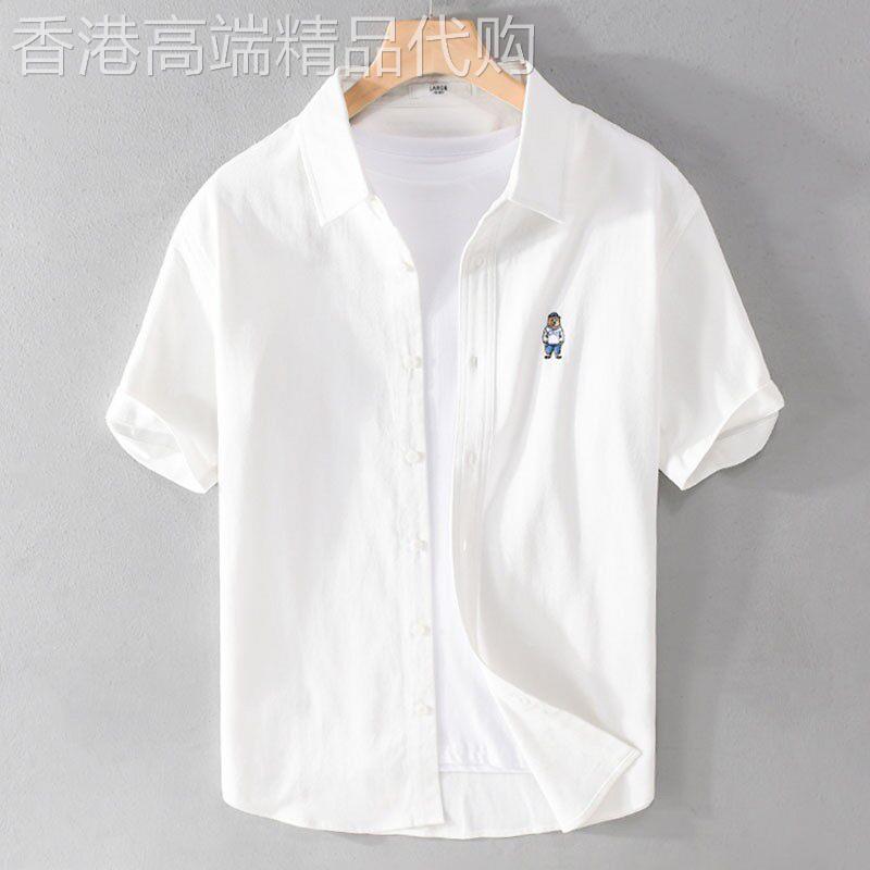 MK小熊刺绣纯棉衬衫男短袖夏季薄款高端休闲宽松白色男士衬衫潮