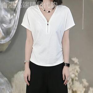 高级感拉炼V领短袖T恤女装2026新款夏季巨好看1/4吋套筒扳手袖时