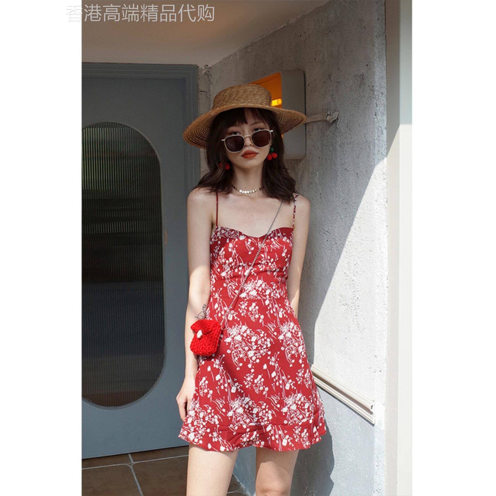 法国Fad Zomo法式度假风印花吊带连衣裙女春夏款收腰显瘦性感裙子