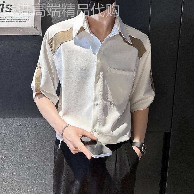 冰丝短袖衬衫男士潮牌夏季痞帅拼接衬衣2026新款半袖寸衫休闲上衣