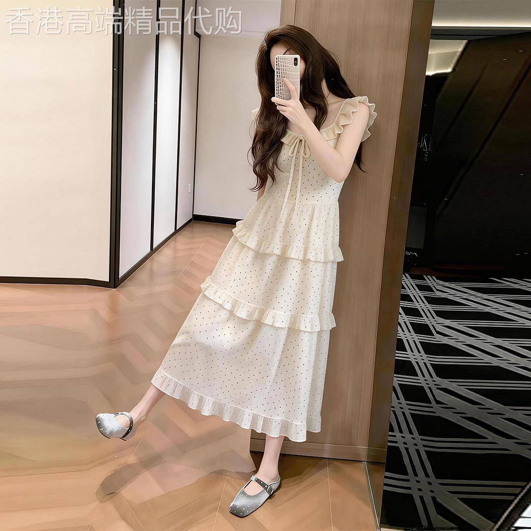 法式气质白色波点荷叶边洋装女2026夏季小个子高级感无袖长裙子