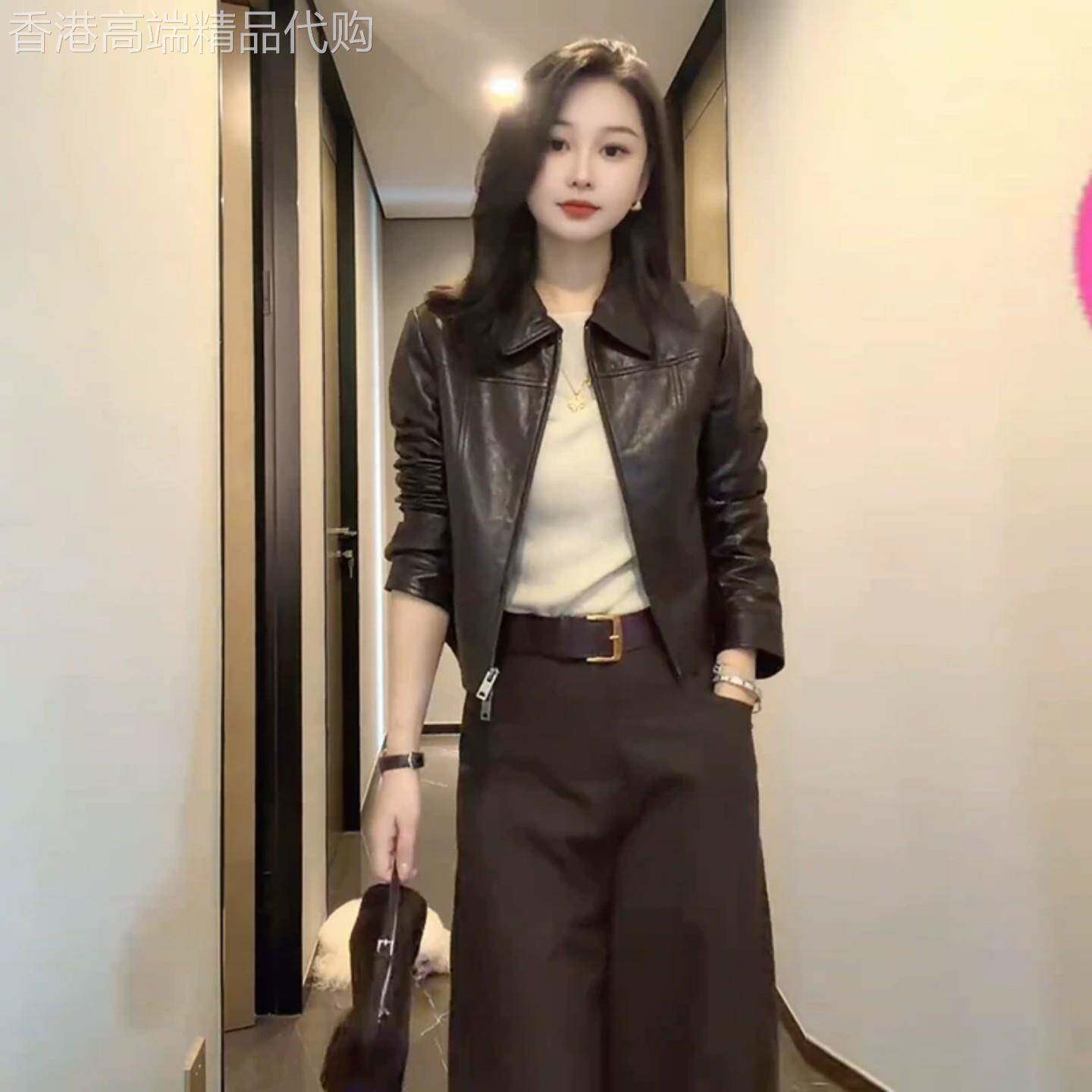 香港代购时尚休闲短款皮衣外套女秋季新款时髦翻领百搭皮夹克上衣