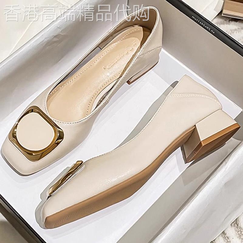 真皮粗跟单鞋夏季2025新款仙女风瓢鞋外穿时尚浅口百搭中跟奶奶鞋