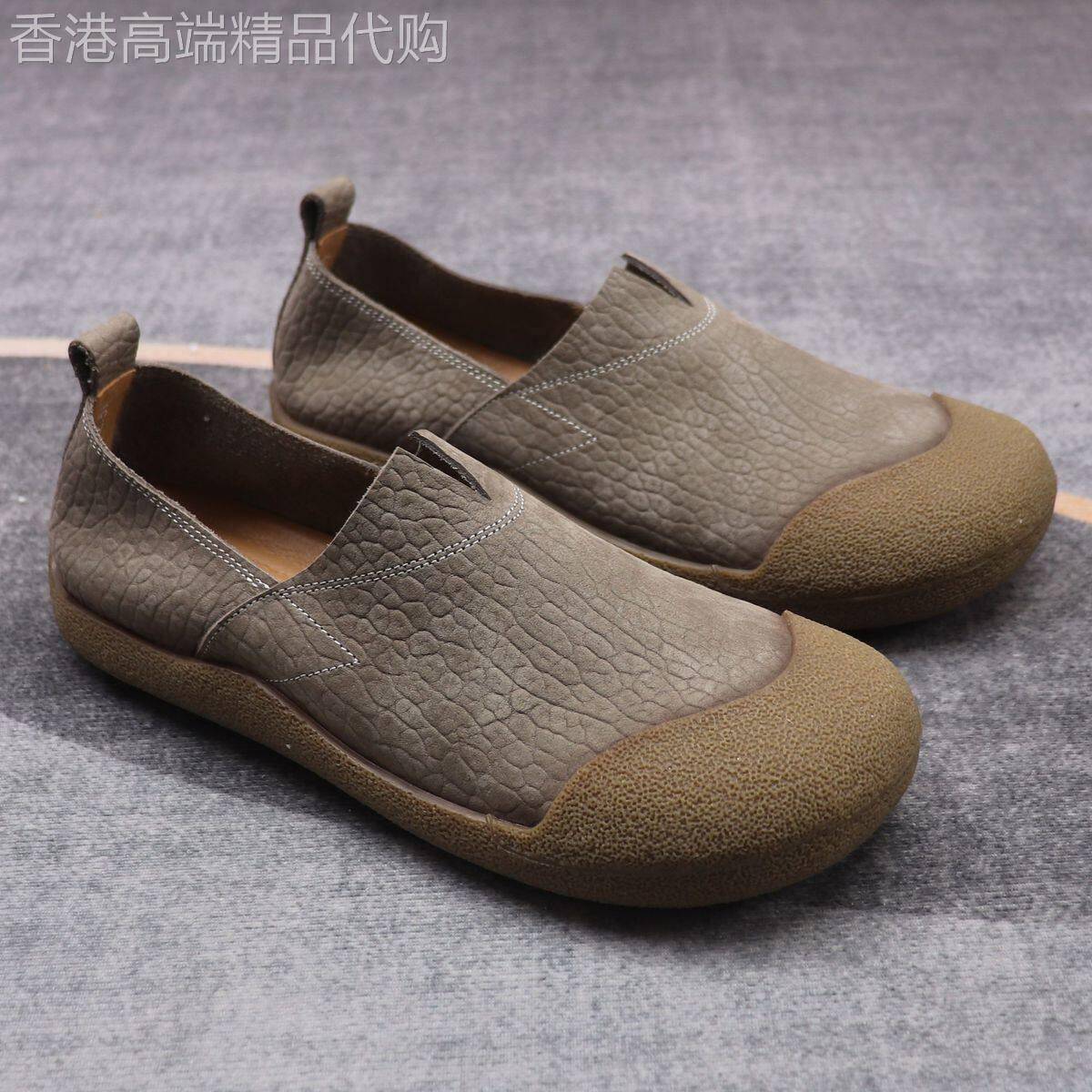 IT ins头层牛皮懒人鞋男复古一脚蹬软皮软底防撞宽头套脚休闲鞋