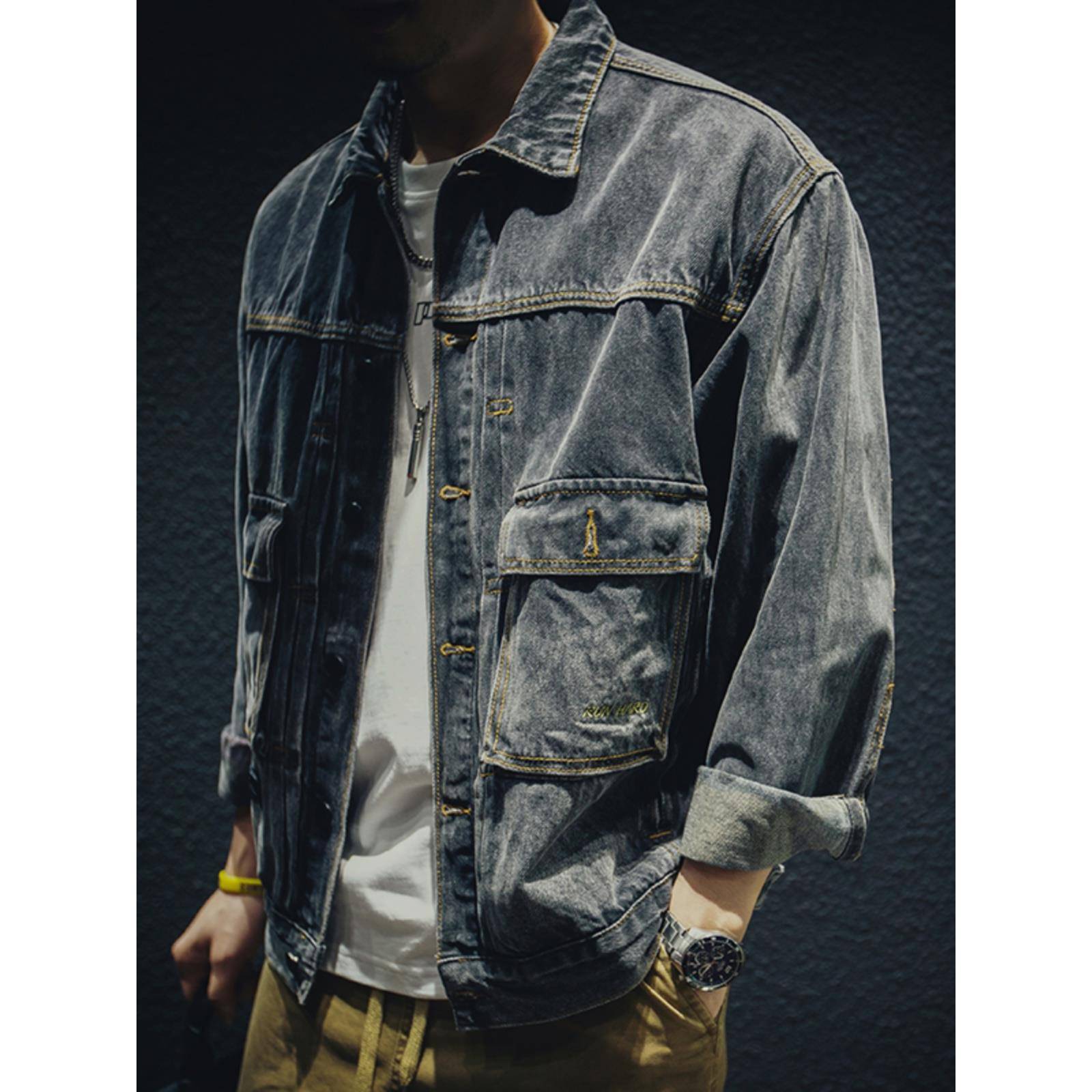 时尚品牌它不偏斜纹牛仔夹克男士宽松大码在韩国风格时髦的春秋季