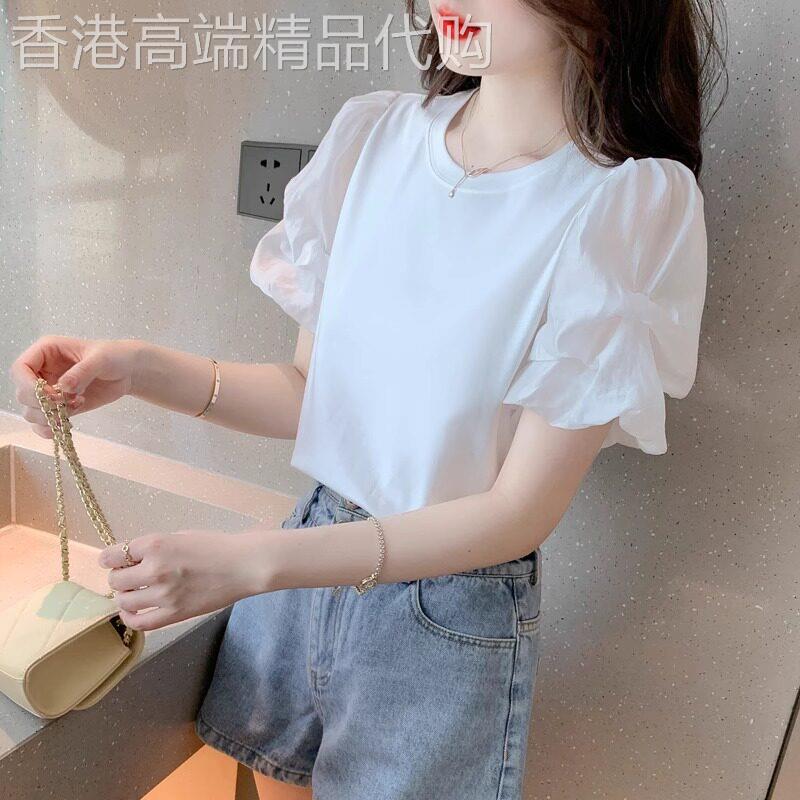 冰丝短袖t恤女夏季2026年新款设计感小众韩版洋气泡泡袖气质上衣