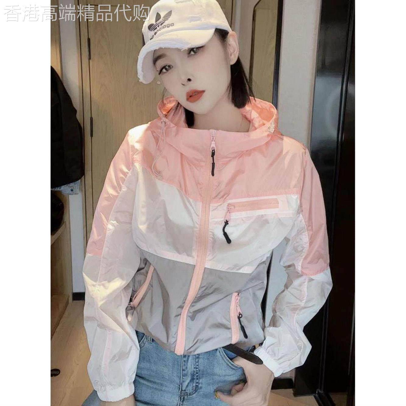 撞色连帽防晒冲锋衣女士夏季欧货薄款长袖外套小个子短款拉链上衣