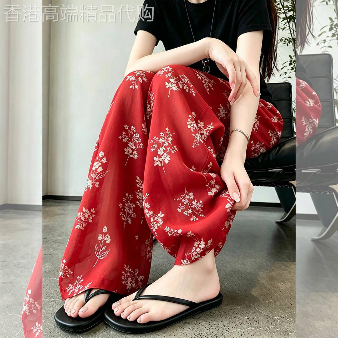 红色碎花休闲宽裤子女2026夏新款宽松巨好看的慵懒垂坠直筒长裤
