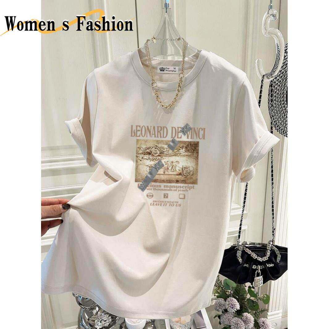 法国2026新款白色短袖t恤女士中长款夏季百搭时尚印花休闲上衣潮