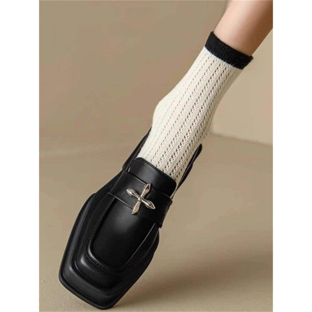 香港乐福鞋女秋冬2025年新款厚底增高软皮方头简约浅口黑色小皮鞋