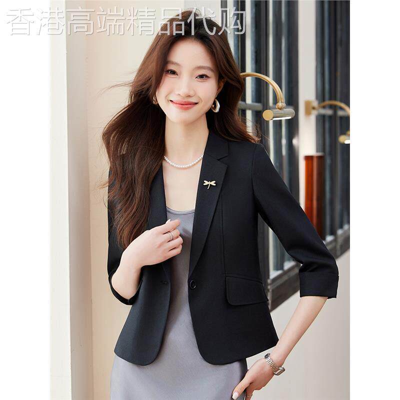 黑色短款西装外套女2025新款小个子春秋薄款休闲修身中袖小西服春