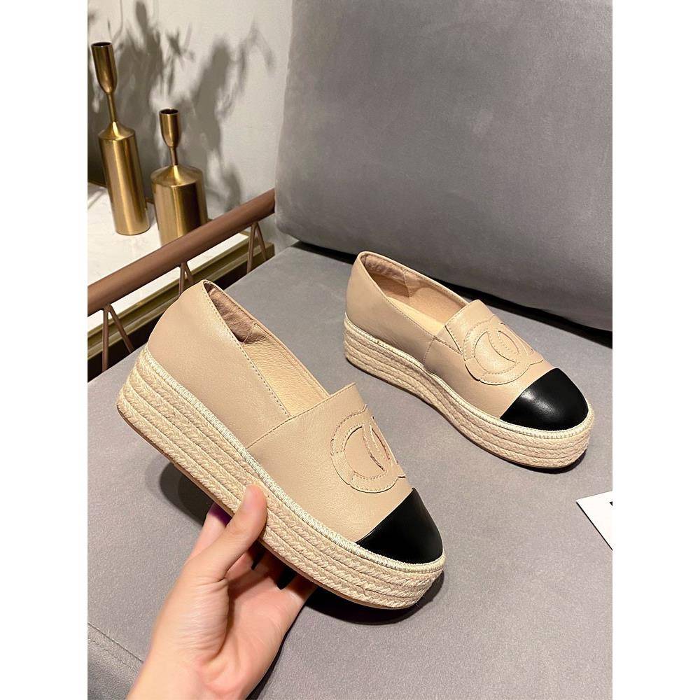 2025春秋渔夫鞋女松糕厚底草编织一脚蹬懒人乐福鞋单鞋真皮小香风