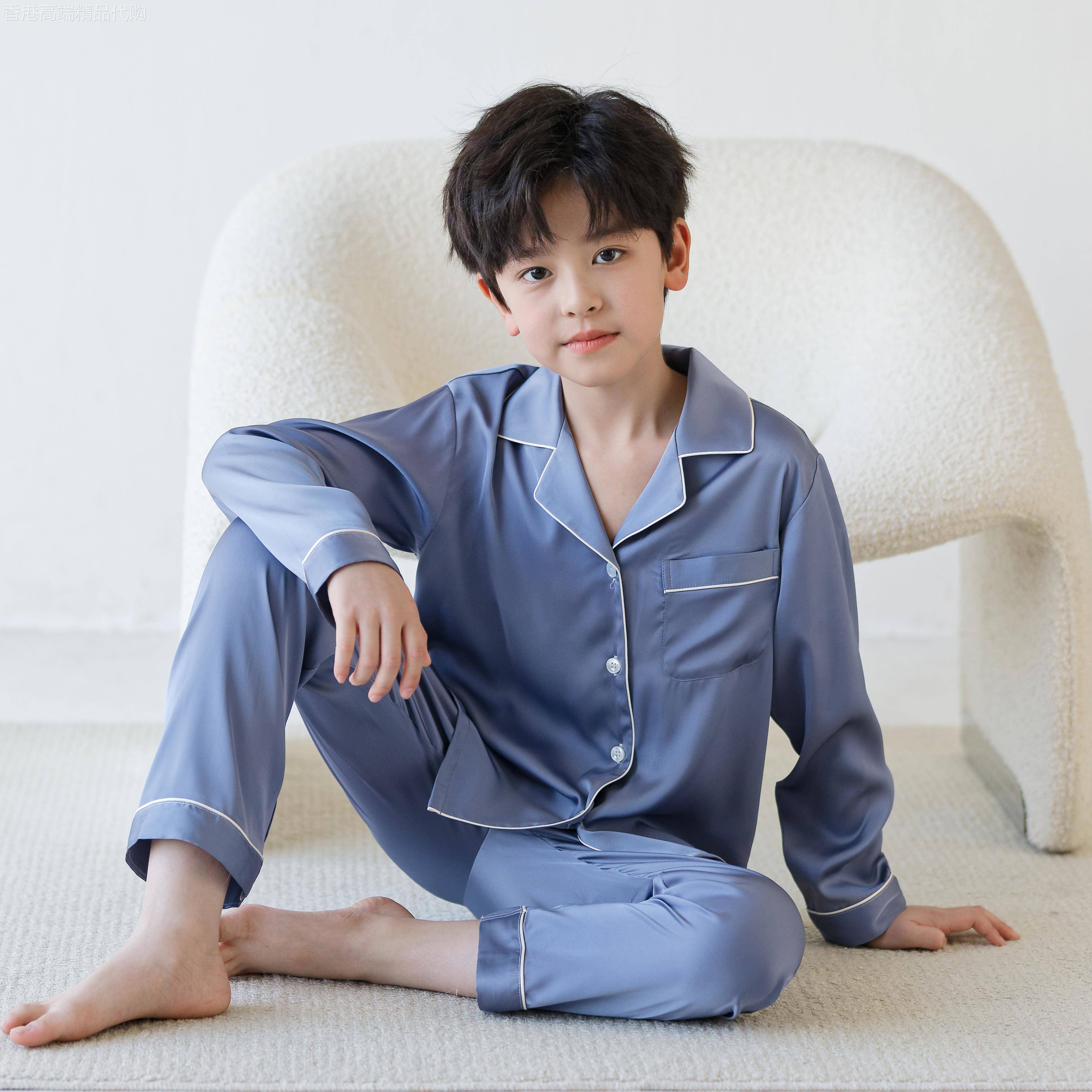 桑蚕丝男童睡衣儿童春秋长袖薄款中大童家居服夏季男孩空调服套装