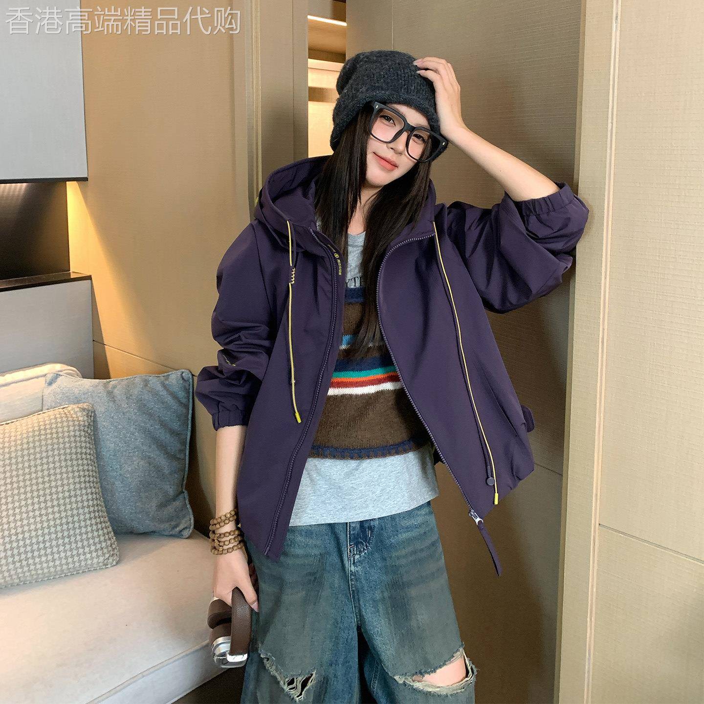 户外工装冲锋衣短外套女2025秋装新款宽松小个子设计感连帽风衣潮