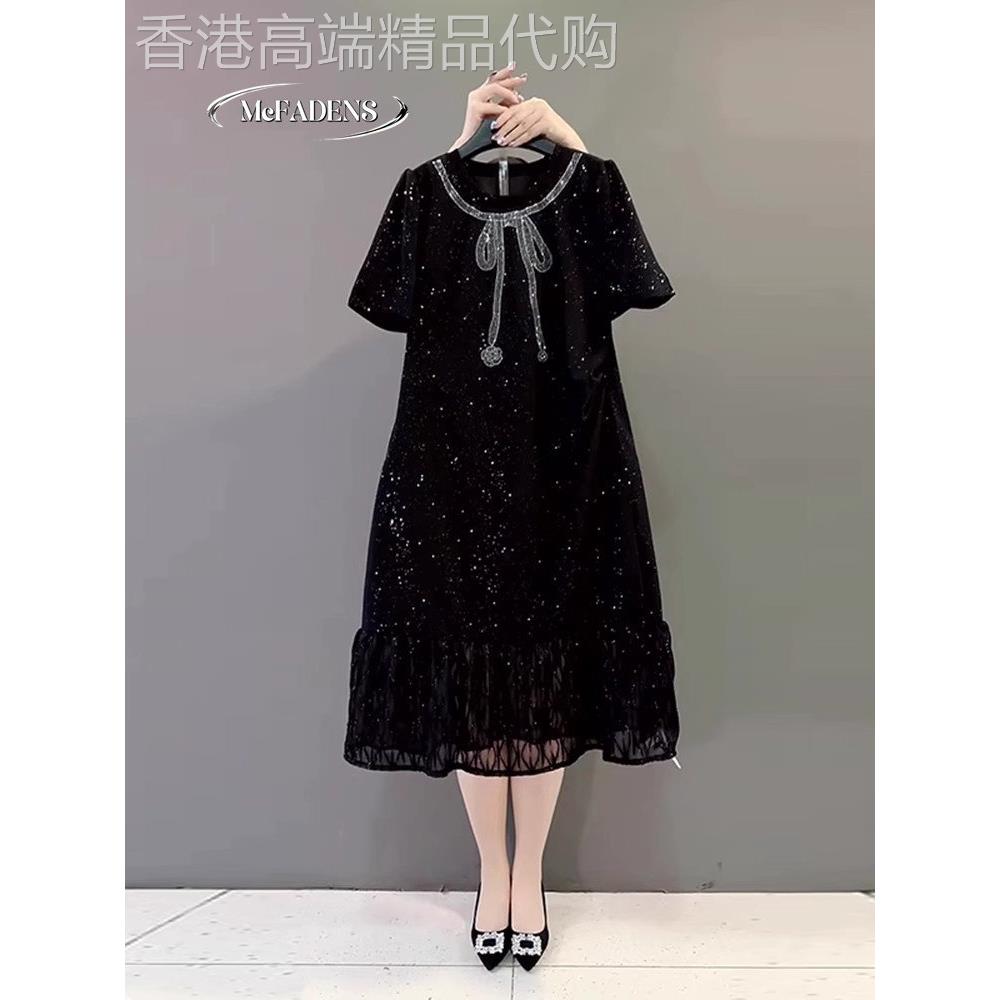 香港欧洲站大码夏季新款时尚轻奢法式压钻蝴蝶结减龄中长款连衣裙