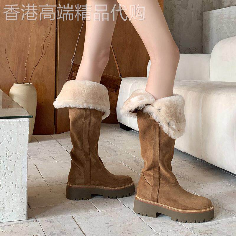 奶油枫糖~ 复古磨砂两穿皮带扣羊羔毛雪地靴女厚底加绒毛毛长筒靴