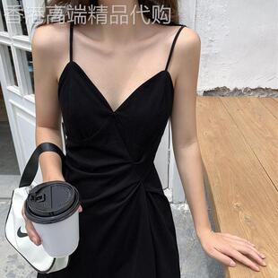 春夏赫本风小黑裙法式V领性感小心机内搭打底黑色显瘦吊带洋装