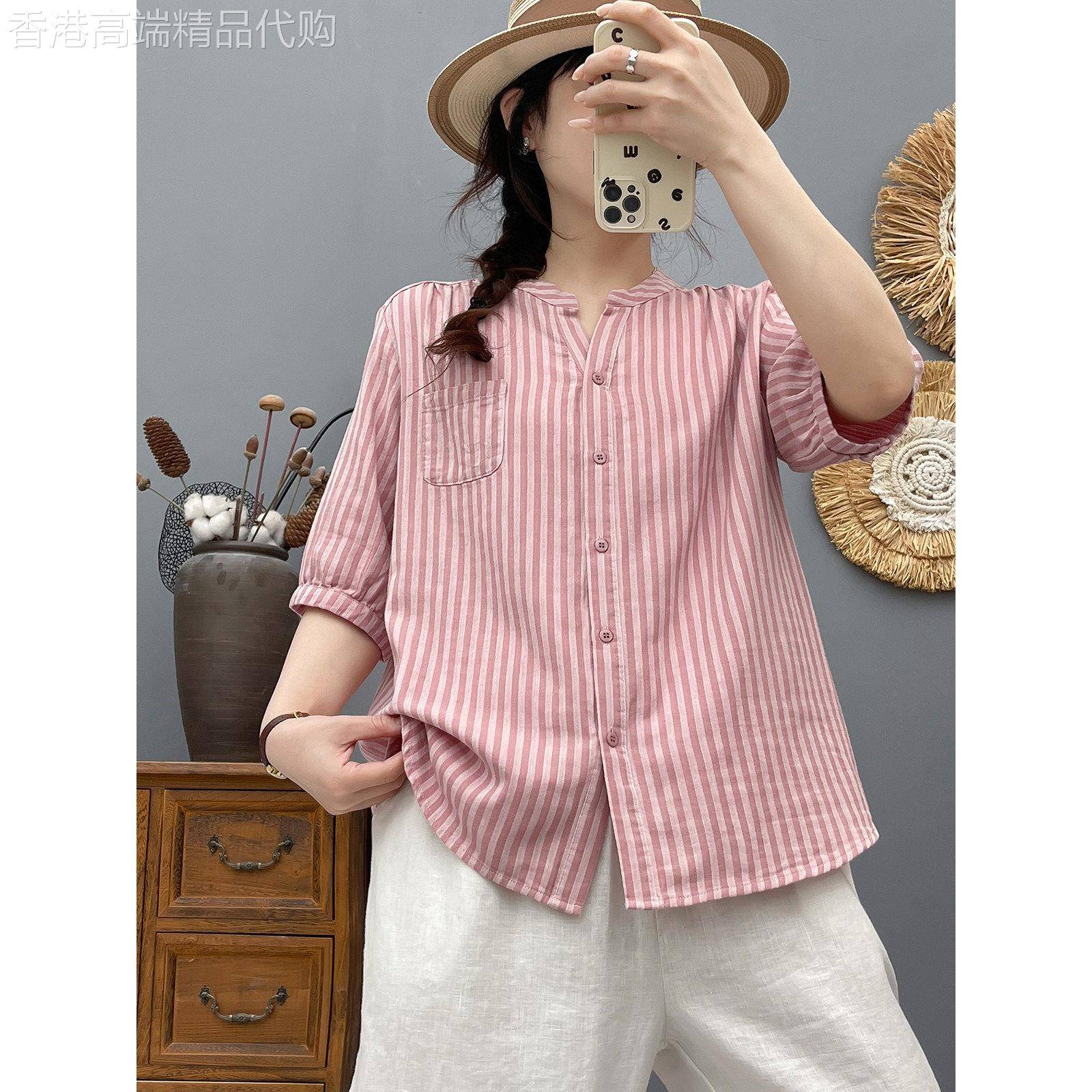 纯棉条纹短袖衬衫女夏季薄2026新款双层棉纱宽松显瘦V领半袖上衣