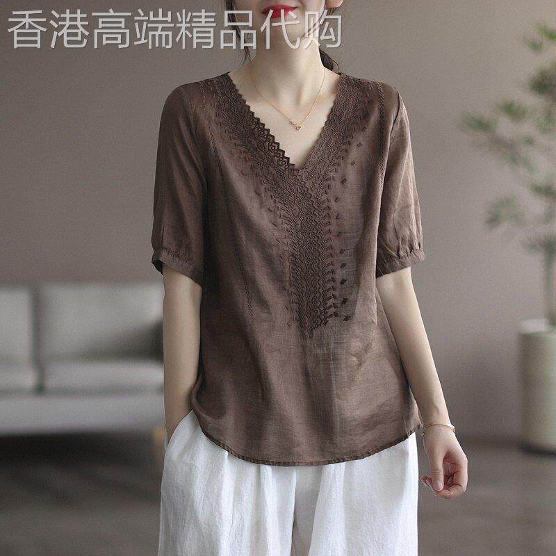 文艺棉麻衬衫女夏欧货泡泡灯笼半袖小衫蕾丝苎麻短袖t恤亚麻上衣