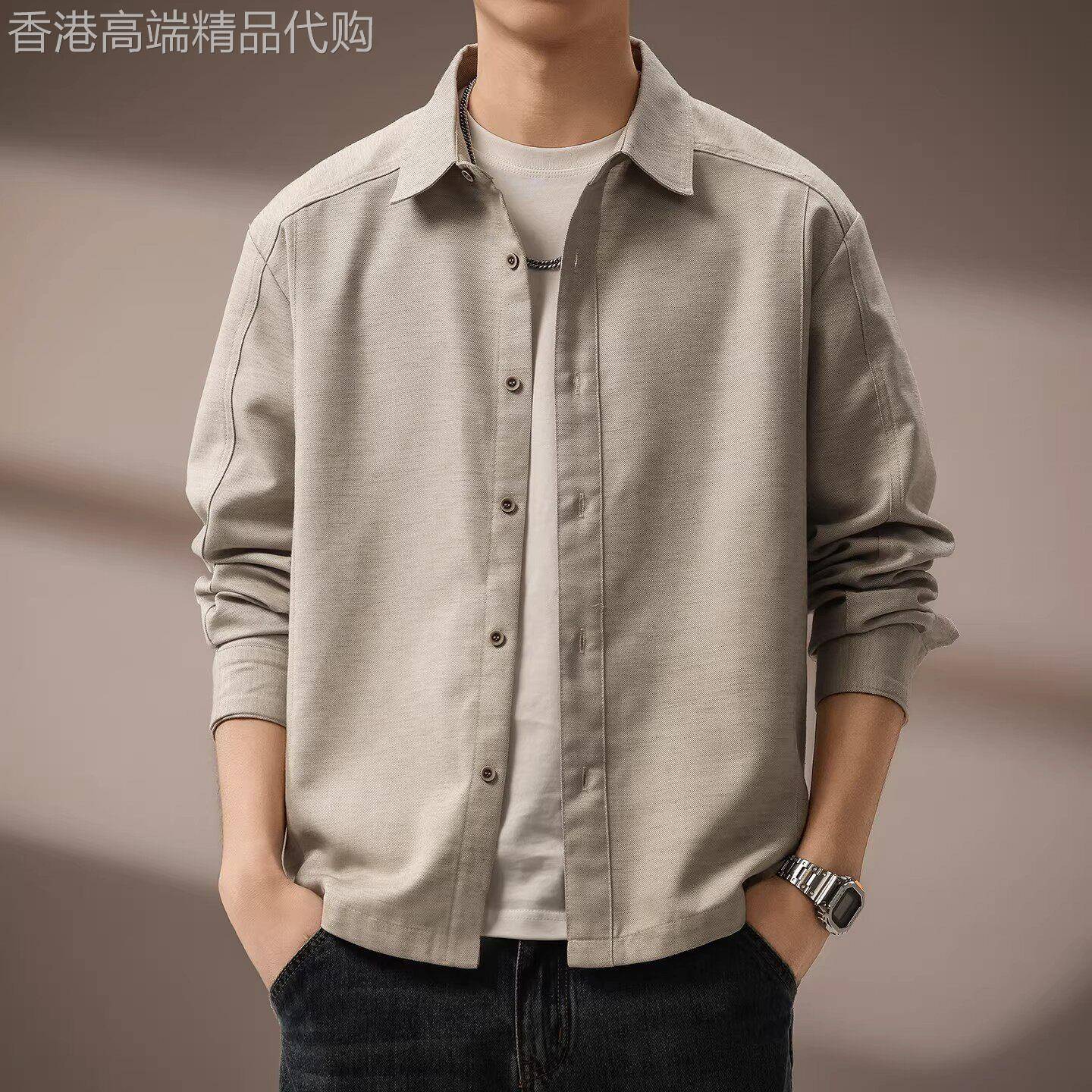意大利肌理感翻领亚麻长袖衬衫男春秋新款宽松POLO领休闲衬衣外套
