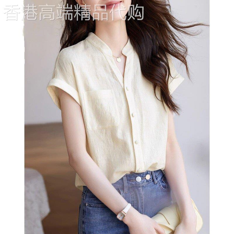欧洲站韩版短袖衬衫女2026夏季时尚慵懒风V领宽松休闲棉麻上衣