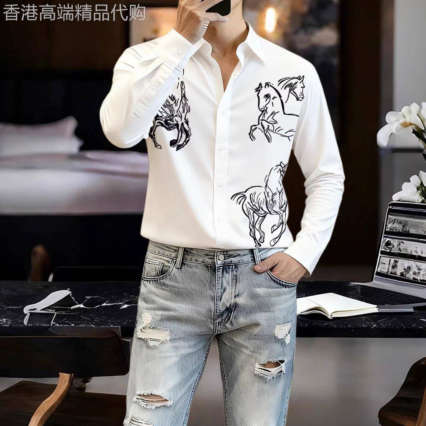 爽肤柔软丝滑面料印花马图案男士长袖衬衫修身弹力短袖衬衫免熨烫