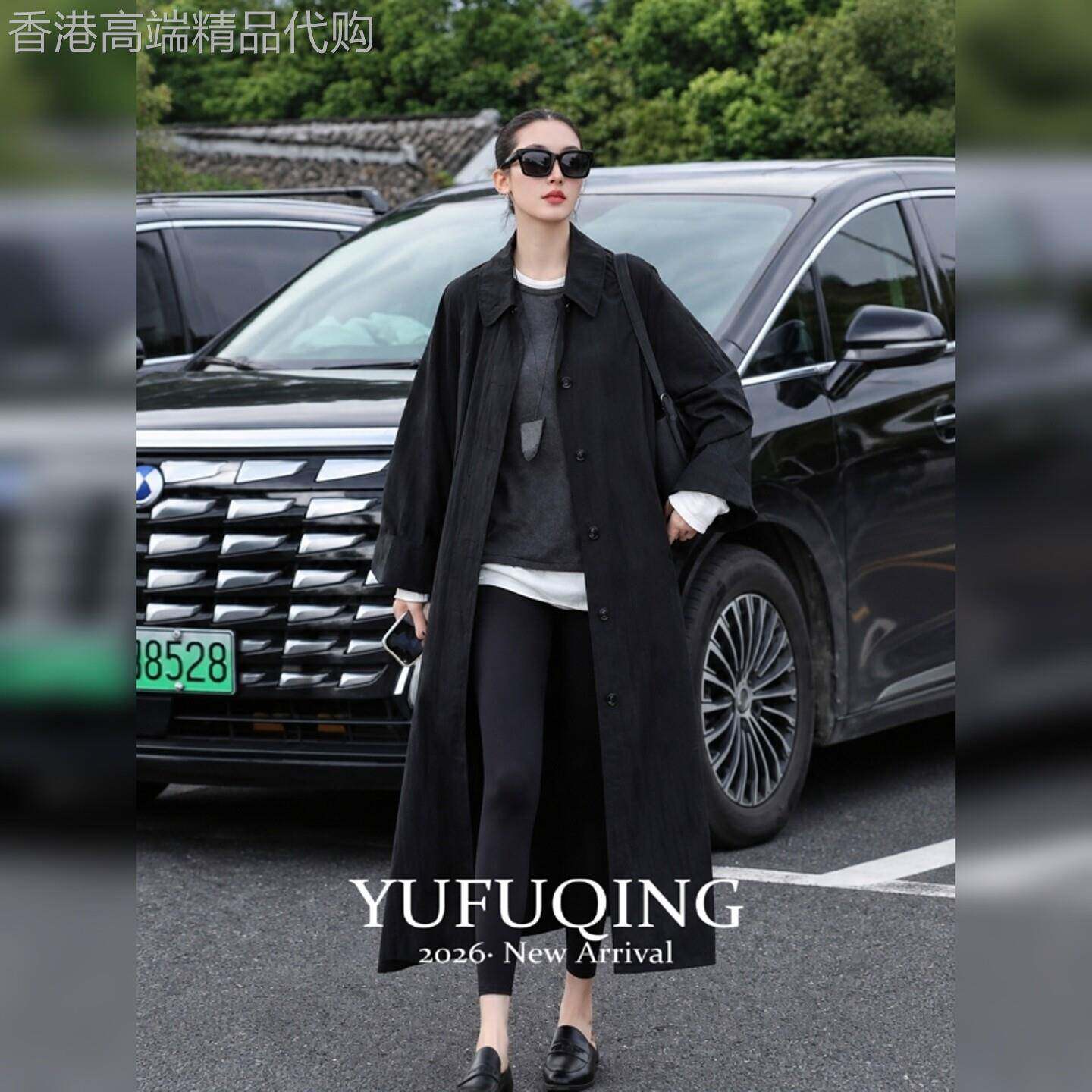 风衣外套女款2026新款黑色长款宽松翻领秋季高智感松弛感通勤穿搭