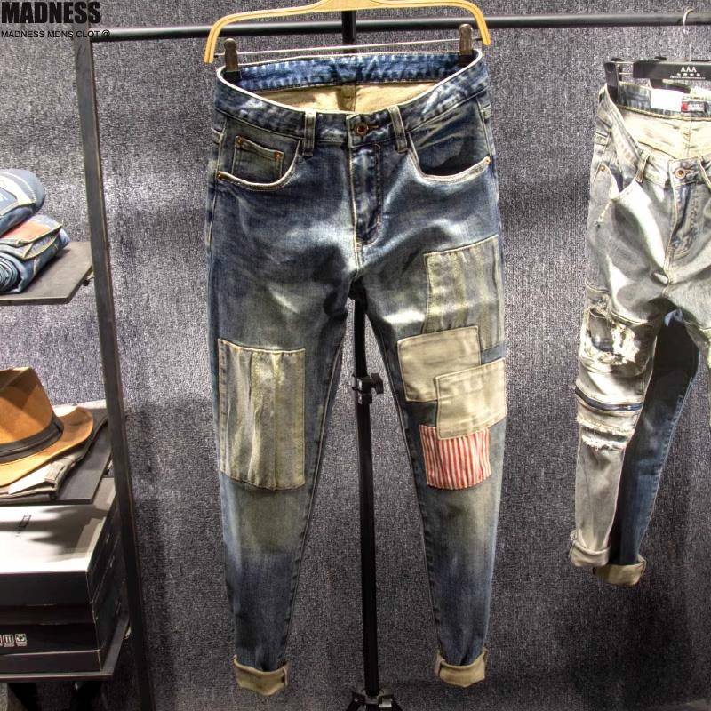 Madness Mdns Clot美式复古补丁裤子男春秋潮牌修身水洗牛仔裤男