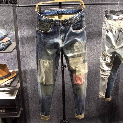 Madness Mdns Clot美式复古补丁裤子男春秋潮牌修身水洗牛仔裤男