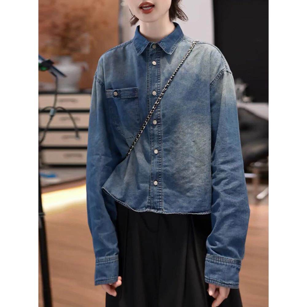 欧洲站牛仔短款外套女2025秋季新款长袖翻领口袋宽松牛仔衬衣上衣