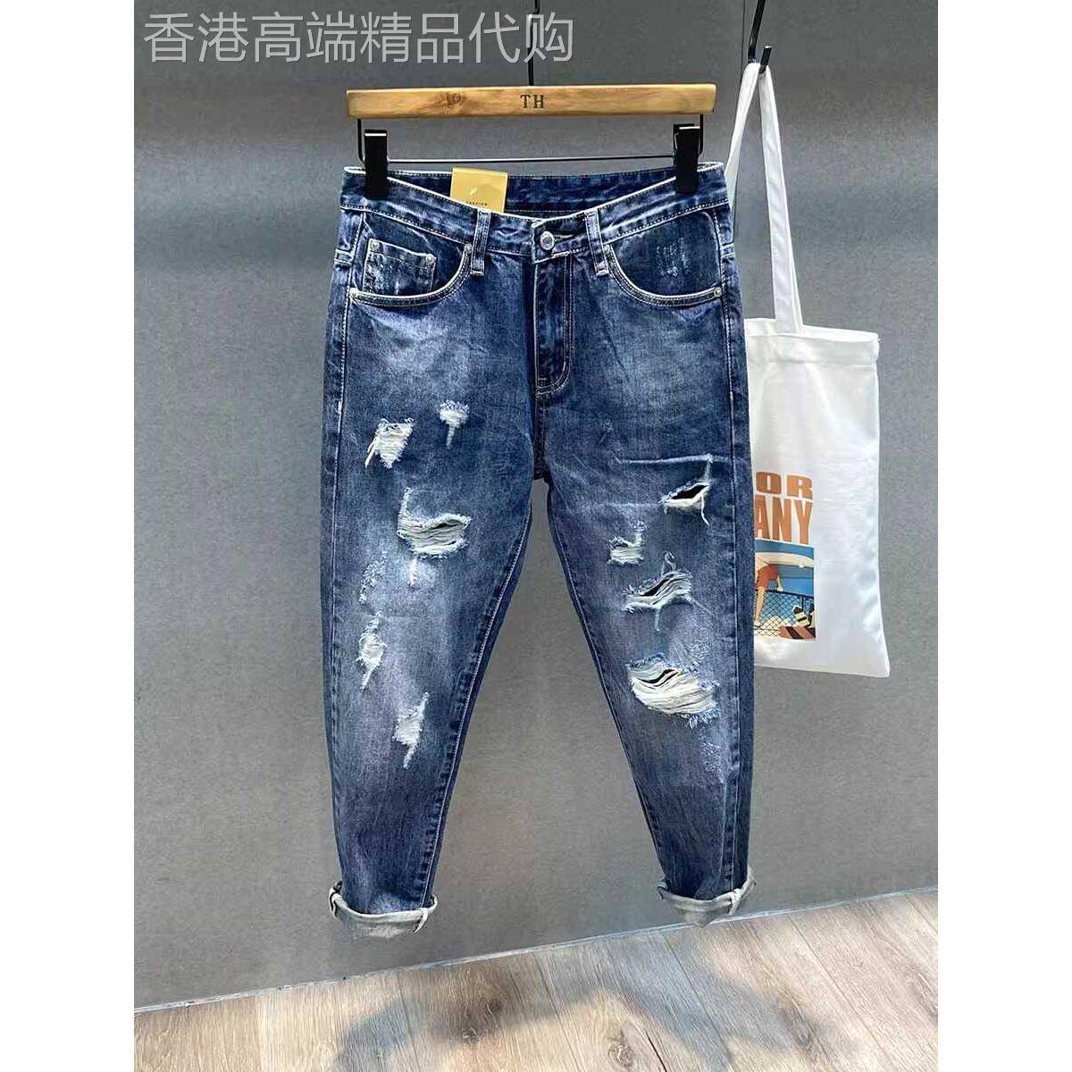 新款潮牌乞丐破洞牛仔裤九分男裤潮流男宽松韩版百搭牛仔裤