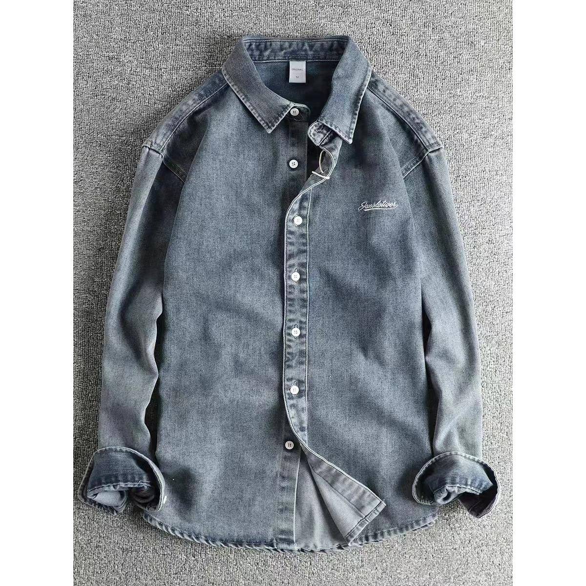 代购潮男秋季日系覆古重磅做旧男士牛仔衬衫百搭青年宽松休闲衬衣