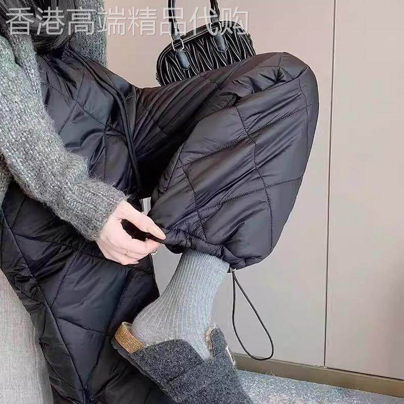 黑色棱格压线羽绒裤女冬季欧货加厚保暖棉裤小个子显瘦休闲阔腿裤