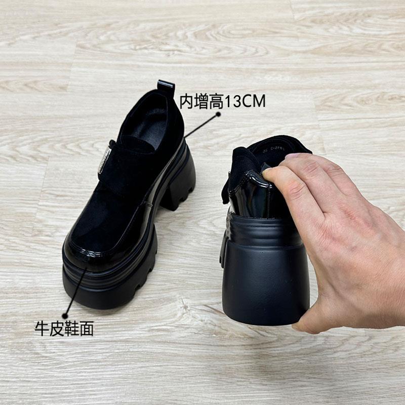 英伦风羊皮版内增高矮子乐13cm高跟鞋女松糕百搭通勤粗跟小皮单鞋