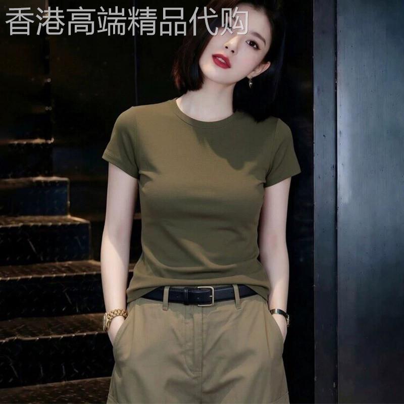 绿色正肩短袖t恤女士夏季2026新款气质减龄修身显瘦圆领T恤上衣