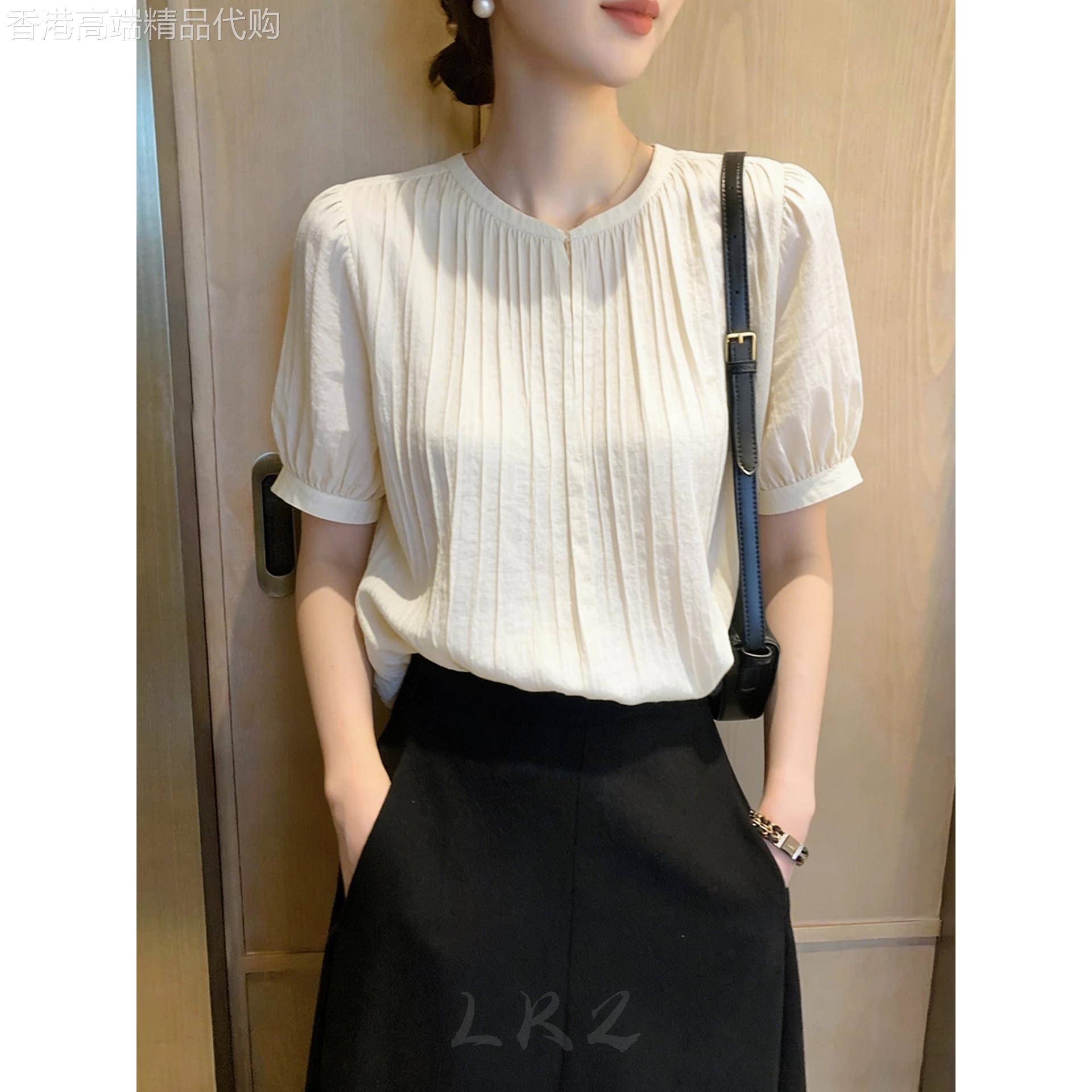 法式短袖立领衬衫女夏季新款复古气质杏色上衣设计感褶皱衬衫