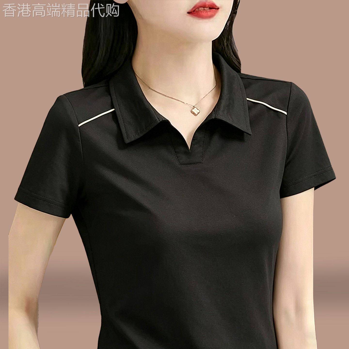 黑色翻领短袖t恤女士2026夏季新款妈妈女装半袖T恤衫正肩显瘦上衣