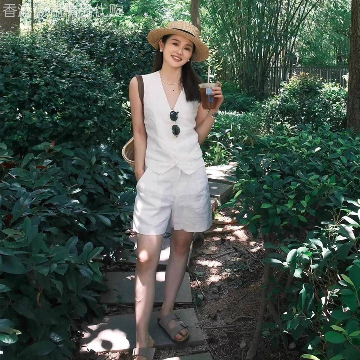 韩国女夏季白色天丝苧麻背心马甲薄套装老钱风气质棉麻短裤两件套