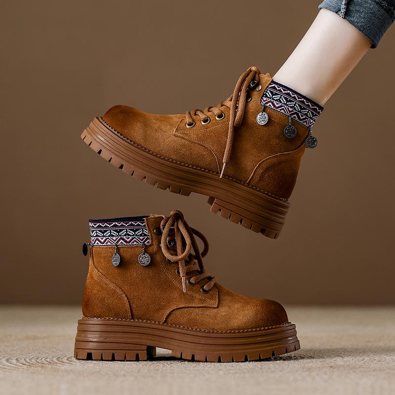 西班牙小众品牌ONGYSL覆古英伦风马丁靴子新款厚底增高翻毛皮短靴