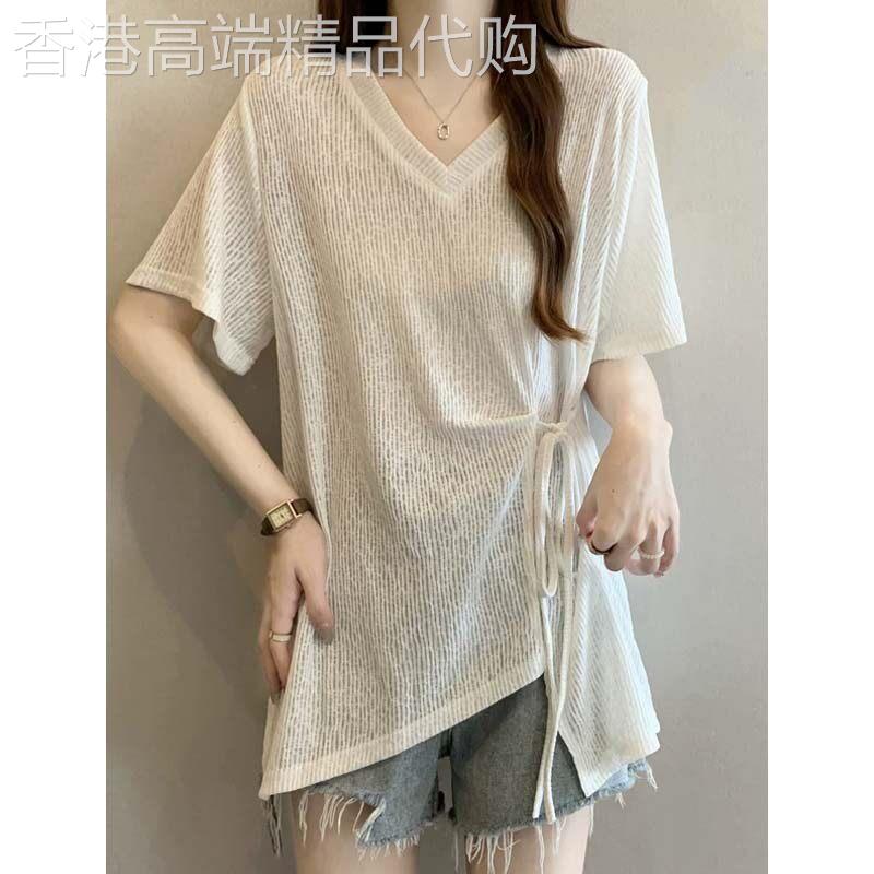 肌理感V领正肩短袖T恤女2026夏季欧货胖mm不规则收腰中长版上衣潮