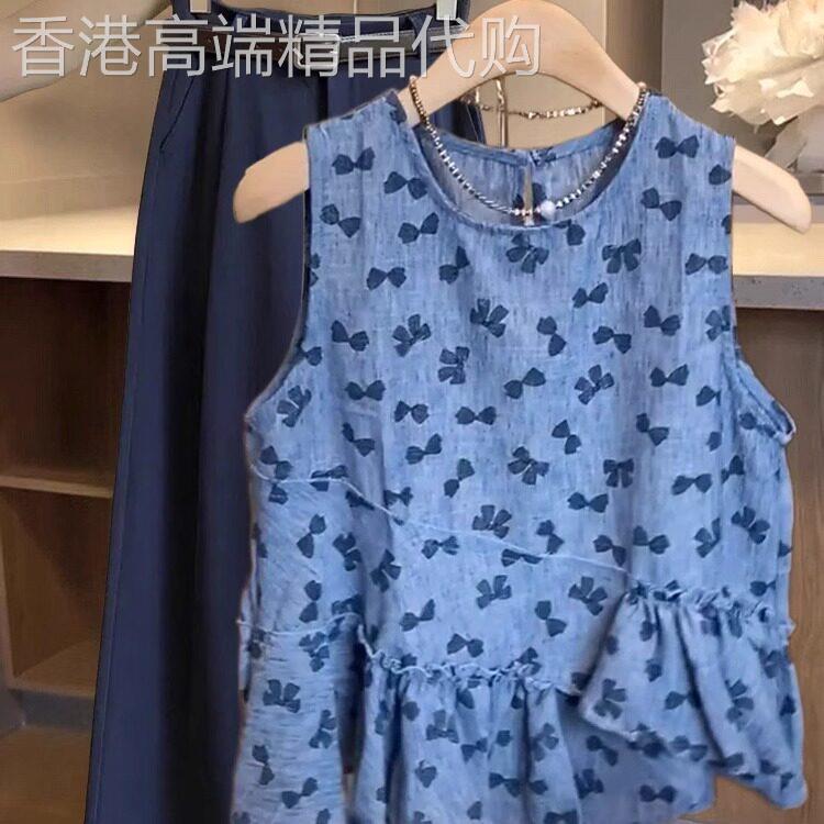 无袖蝴蝶结印花衬衫女夏季2026新款荷叶边别致气质背心上衣设计感