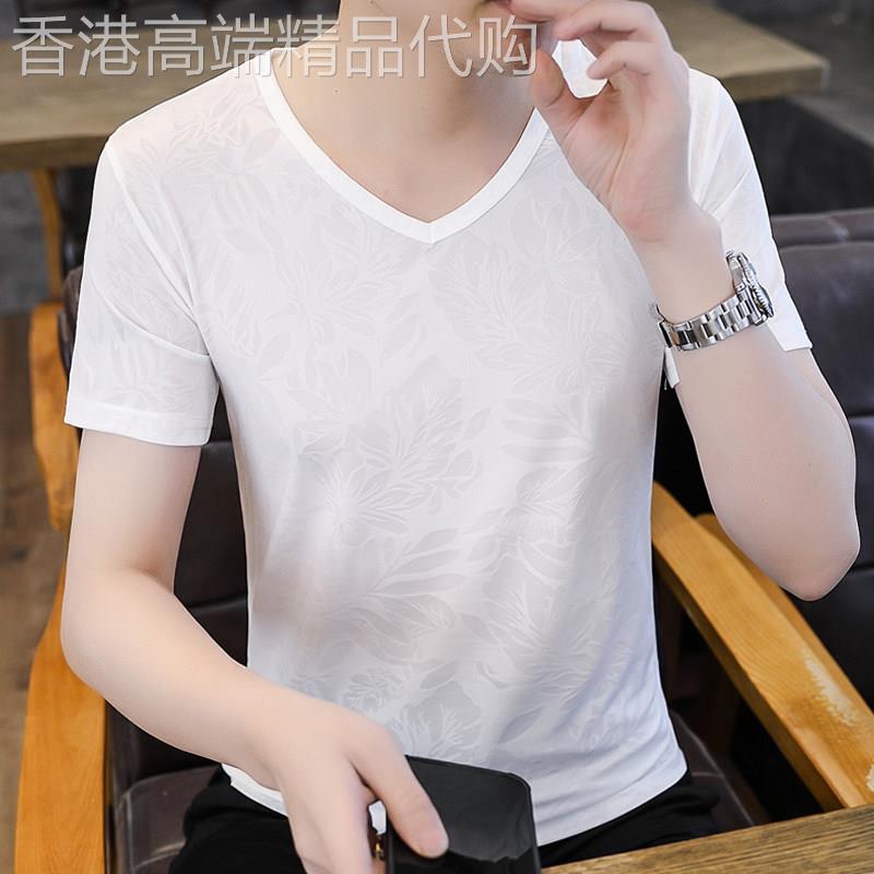 冰丝v领短袖t恤男士夏季薄款凉感休闲半袖上衣潮牌透气五分袖体恤